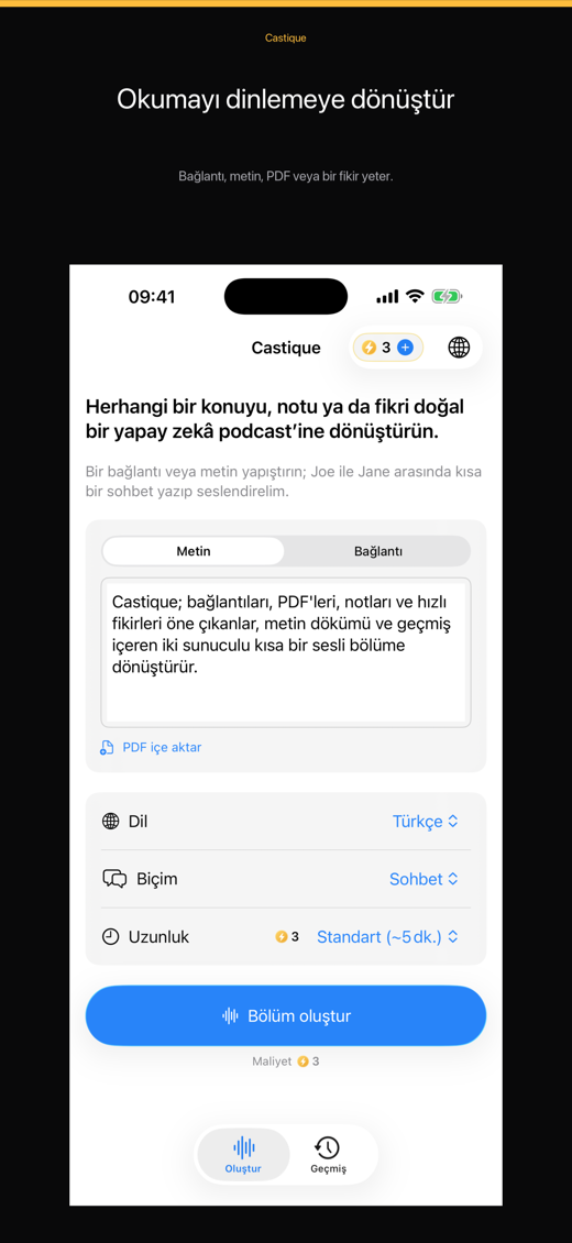 Castique podcast oluşturma ekranı